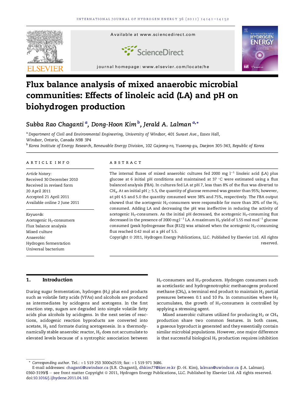 Flux balance analysis of mixed anaerobic microbial communities: Effects of linoleic acid (LA) and pH on biohydrogen production