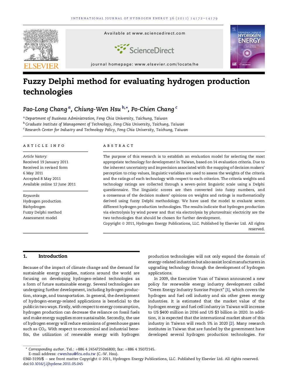 Fuzzy Delphi method for evaluating hydrogen production technologies