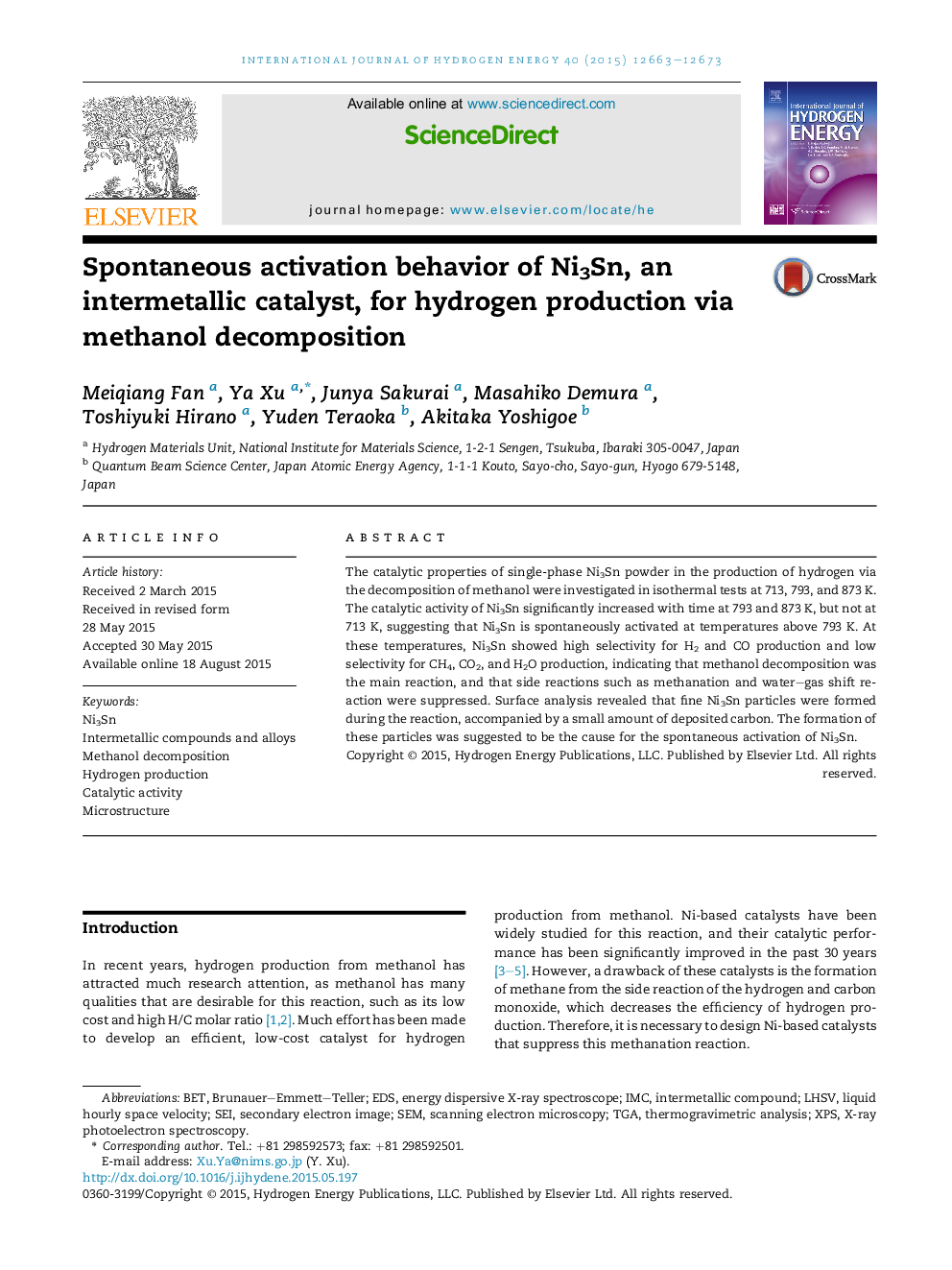 Spontaneous activation behavior of Ni3Sn, an intermetallic catalyst, for hydrogen production via methanol decomposition