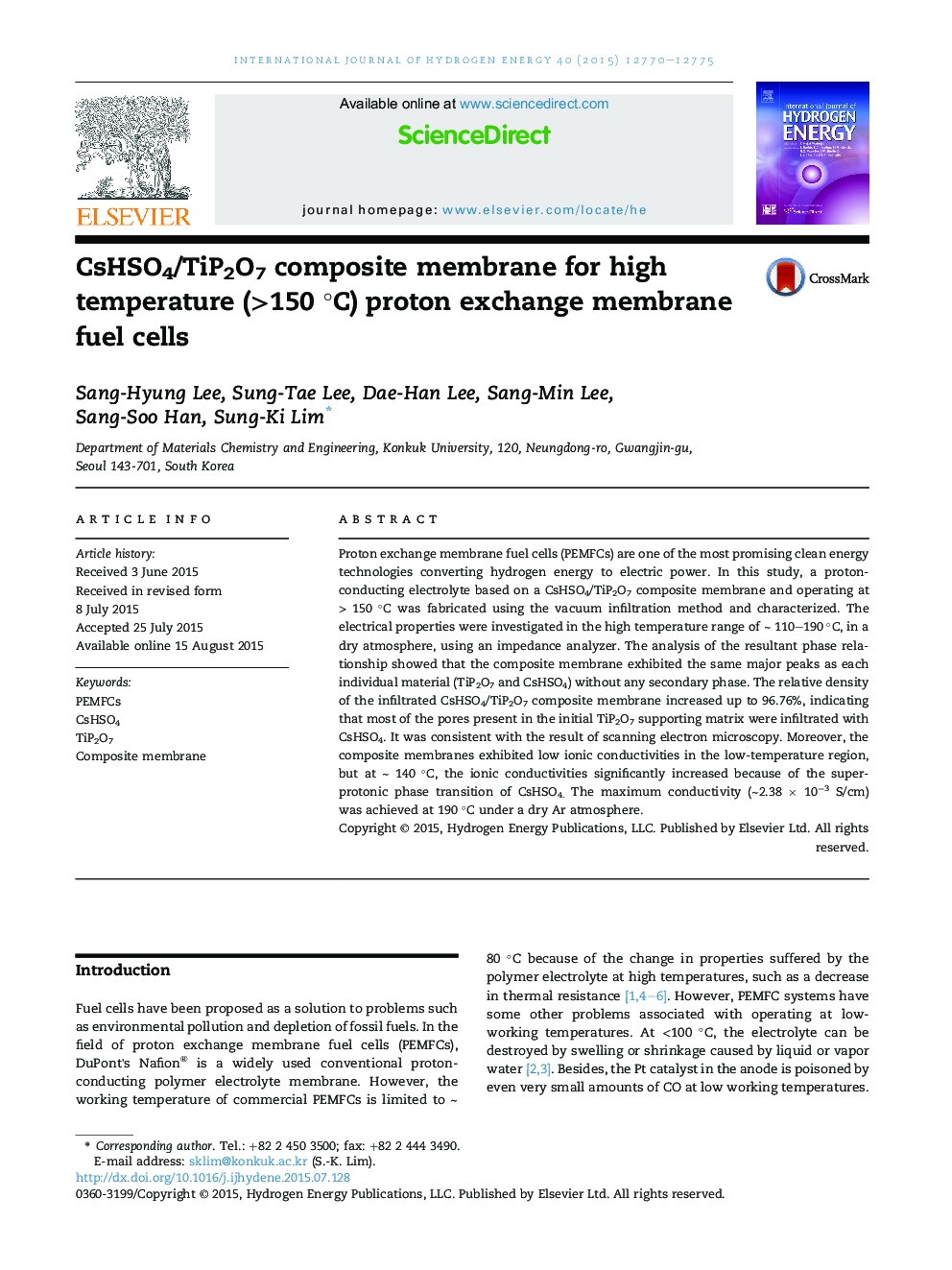 CsHSO4/TiP2O7 composite membrane for high temperature (>150 °C) proton exchange membrane fuel cells