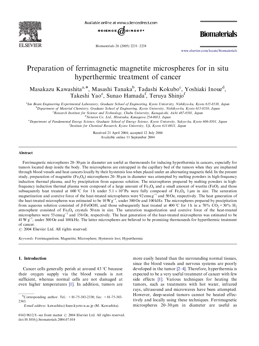 Preparation of ferrimagnetic magnetite microspheres for in situ hyperthermic treatment of cancer