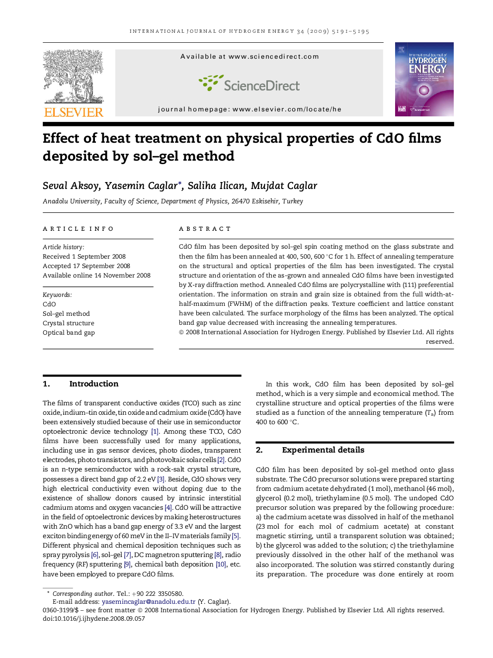 Effect of heat treatment on physical properties of CdO films deposited by sol–gel method