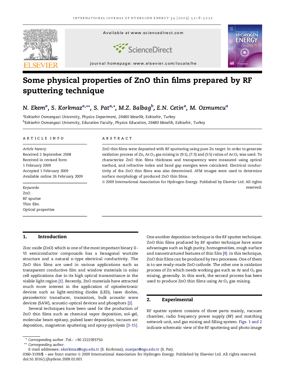 Some physical properties of ZnO thin films prepared by RF sputtering technique