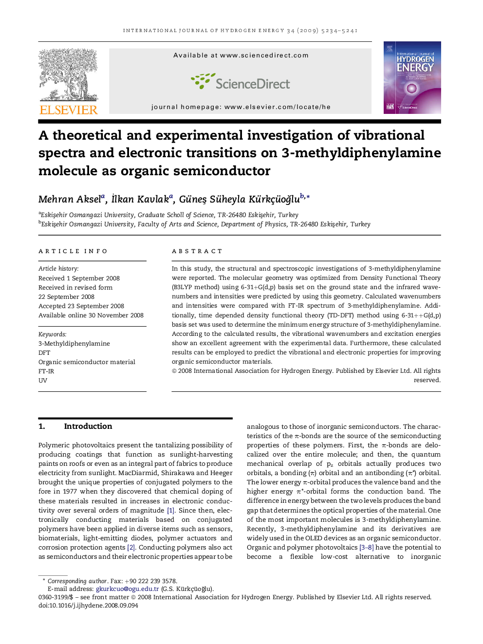 A theoretical and experimental investigation of vibrational spectra and electronic transitions on 3-methyldiphenylamine molecule as organic semiconductor