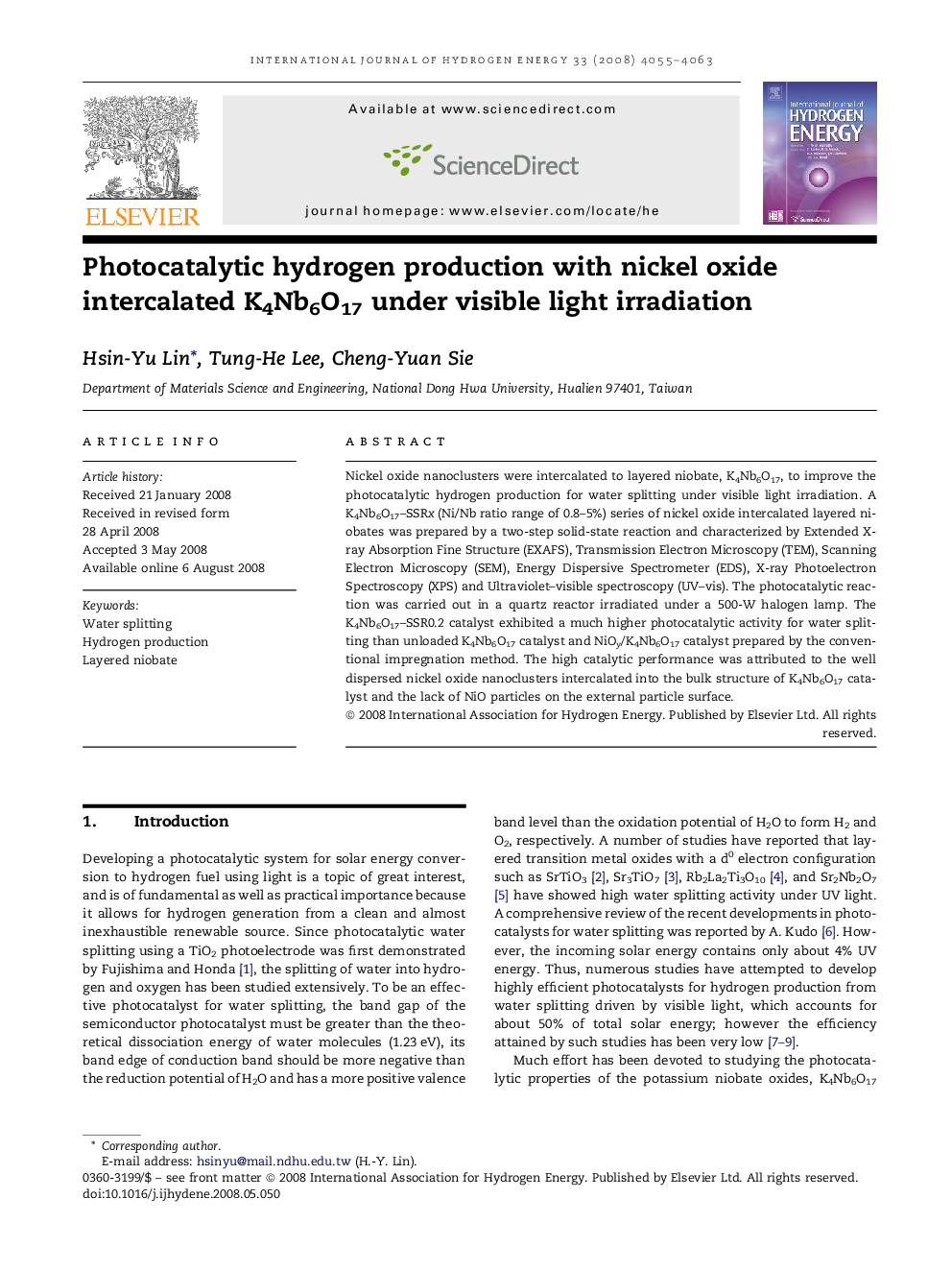 Photocatalytic hydrogen production with nickel oxide intercalated K4Nb6O17 under visible light irradiation