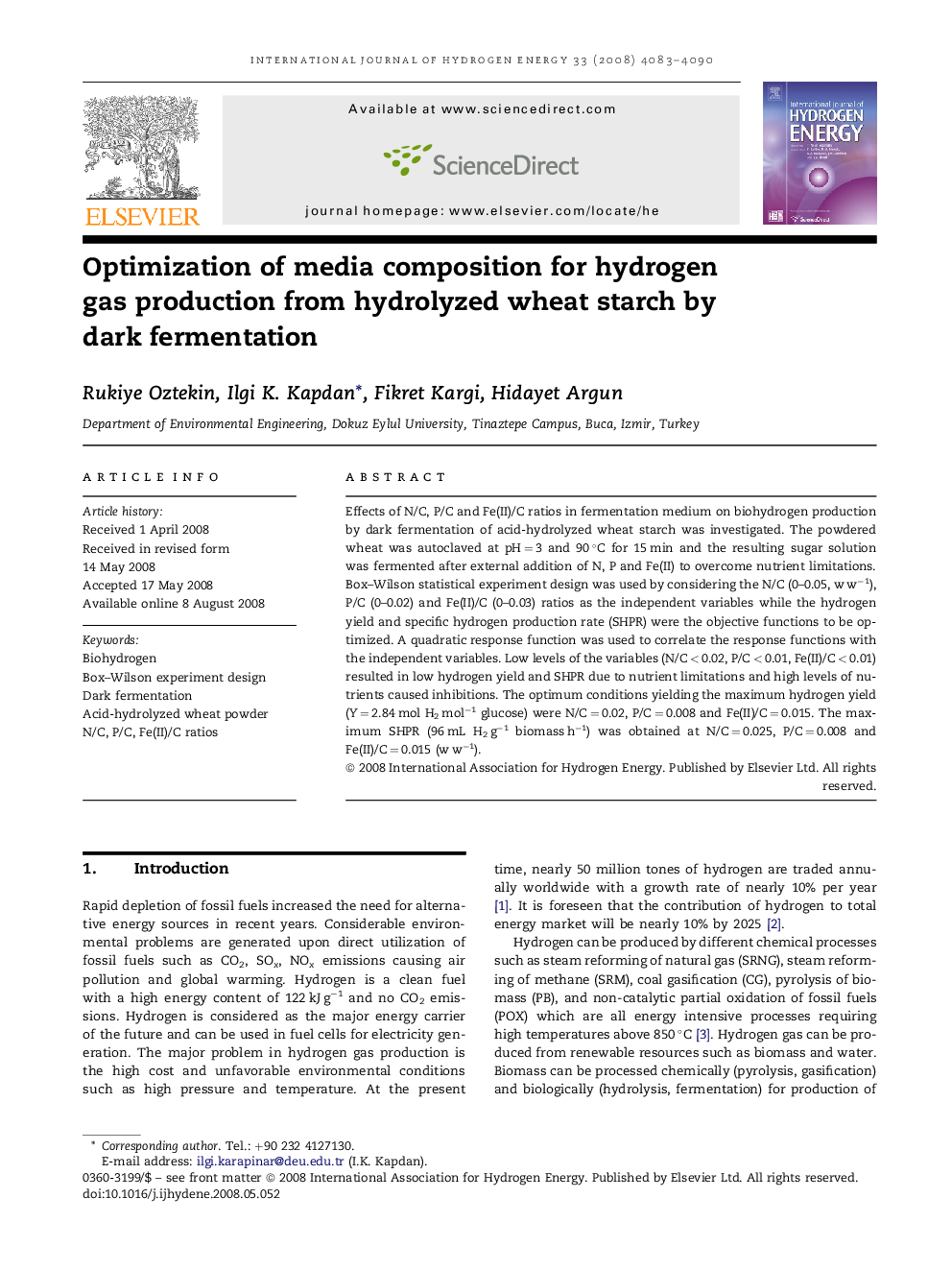 Optimization of media composition for hydrogen gas production from hydrolyzed wheat starch by dark fermentation