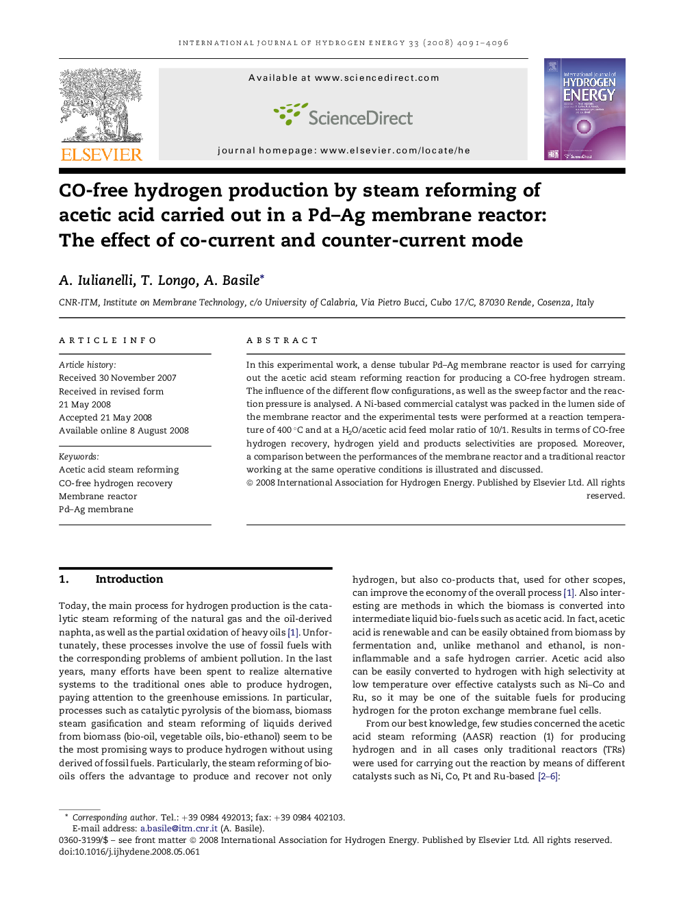 CO-free hydrogen production by steam reforming of acetic acid carried out in a Pd–Ag membrane reactor: The effect of co-current and counter-current mode