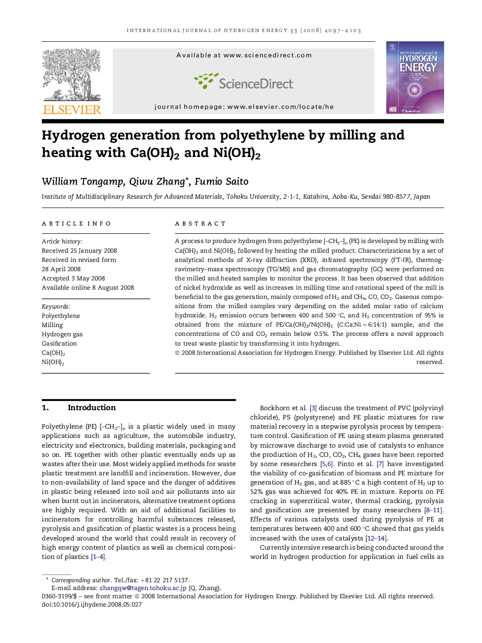 Hydrogen generation from polyethylene by milling and heating with Ca(OH)2 and Ni(OH)2