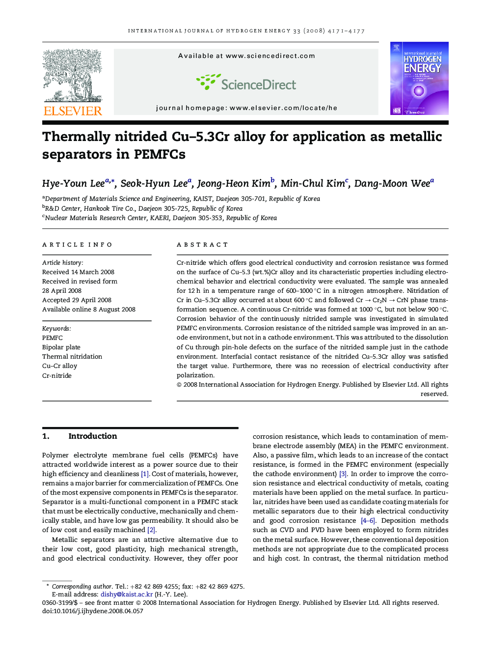 Thermally nitrided Cu–5.3Cr alloy for application as metallic separators in PEMFCs