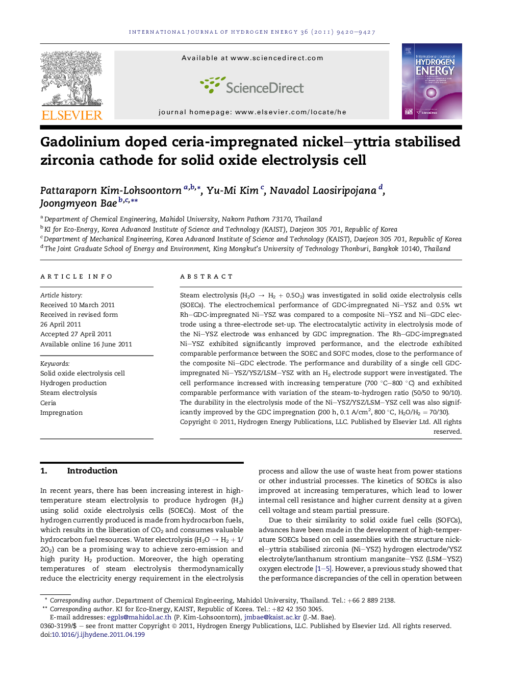 Gadolinium doped ceria-impregnated nickel–yttria stabilised zirconia cathode for solid oxide electrolysis cell