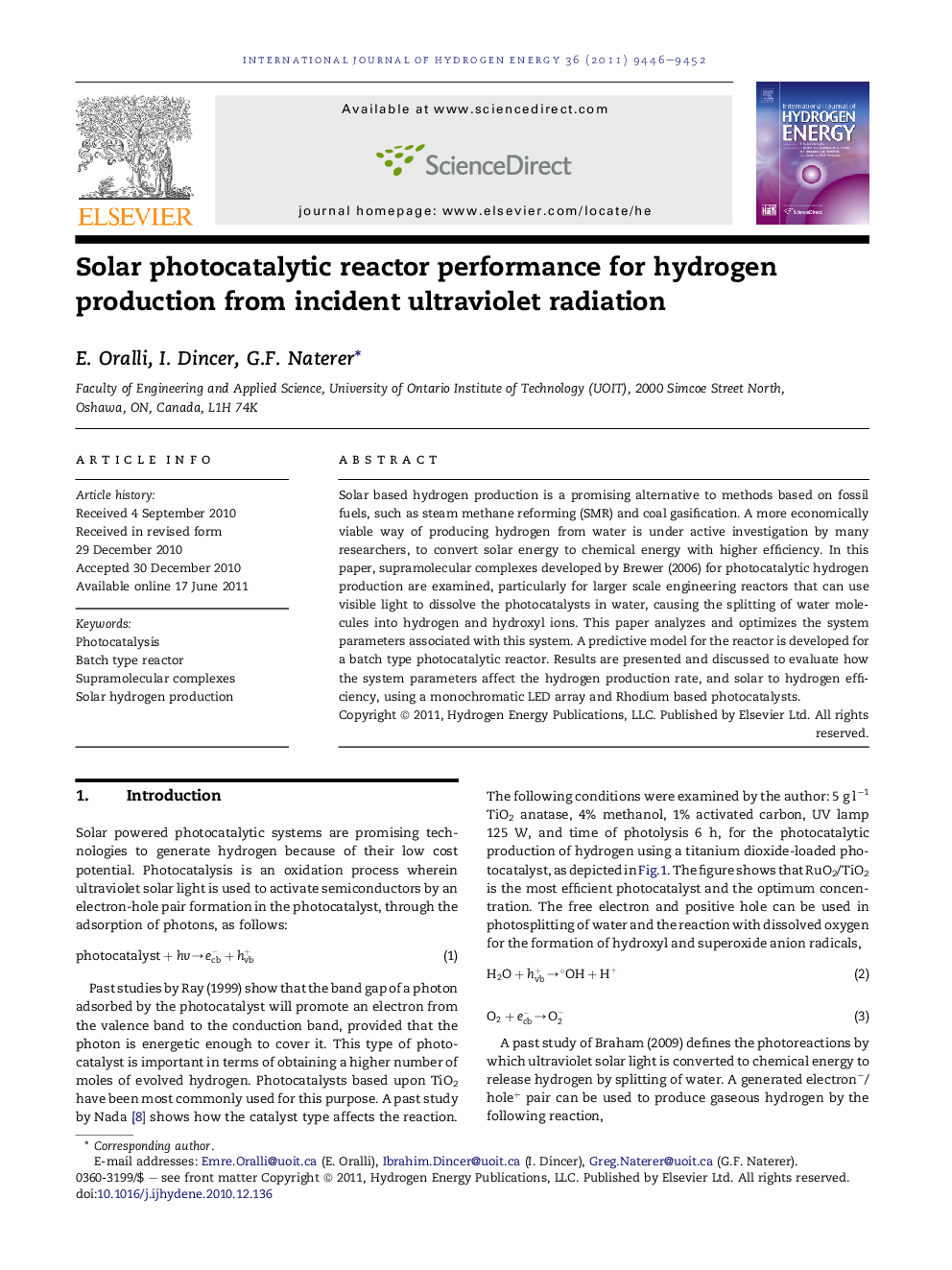 Solar photocatalytic reactor performance for hydrogen production from incident ultraviolet radiation