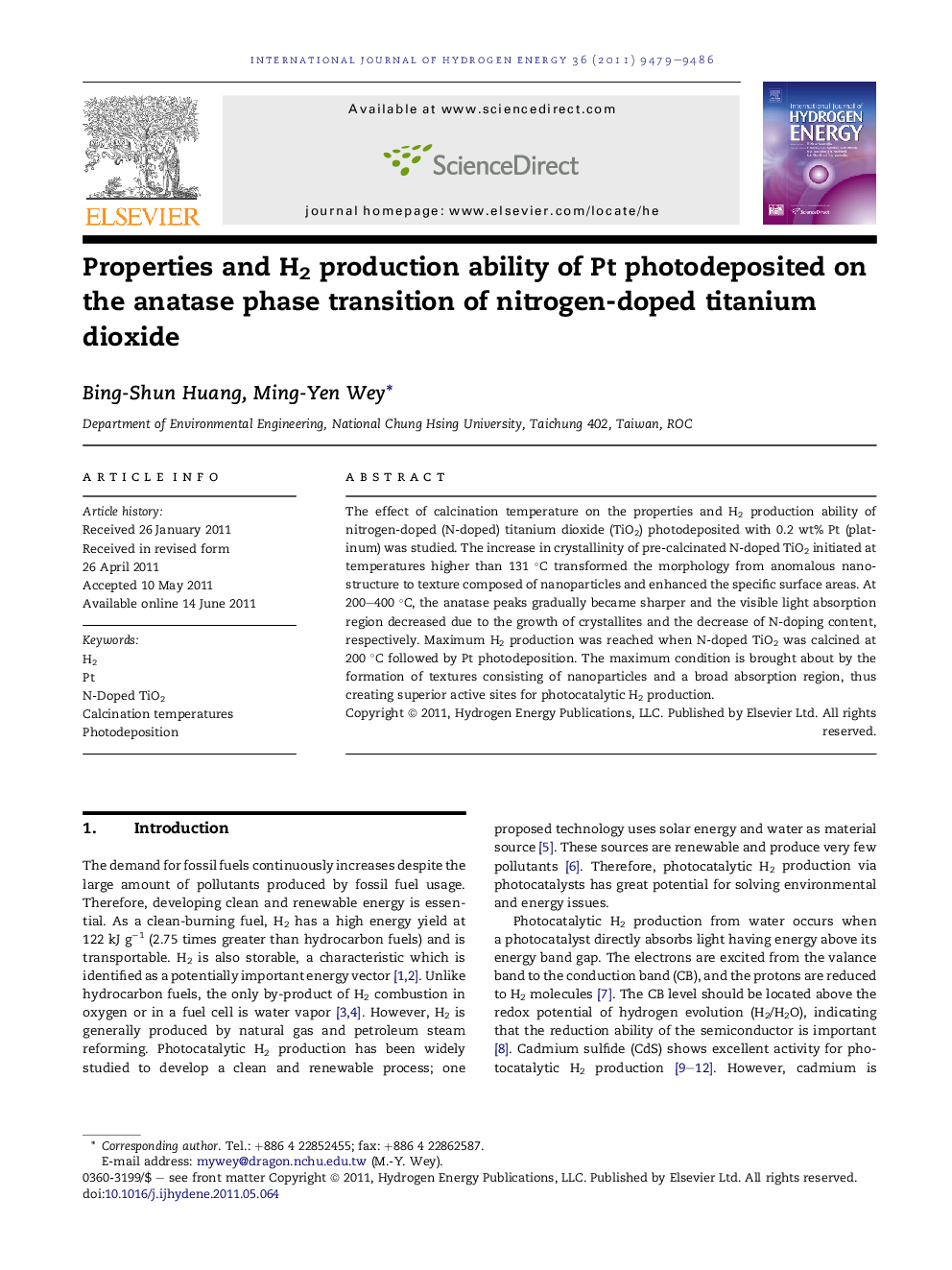 Properties and H2 production ability of Pt photodeposited on the anatase phase transition of nitrogen-doped titanium dioxide