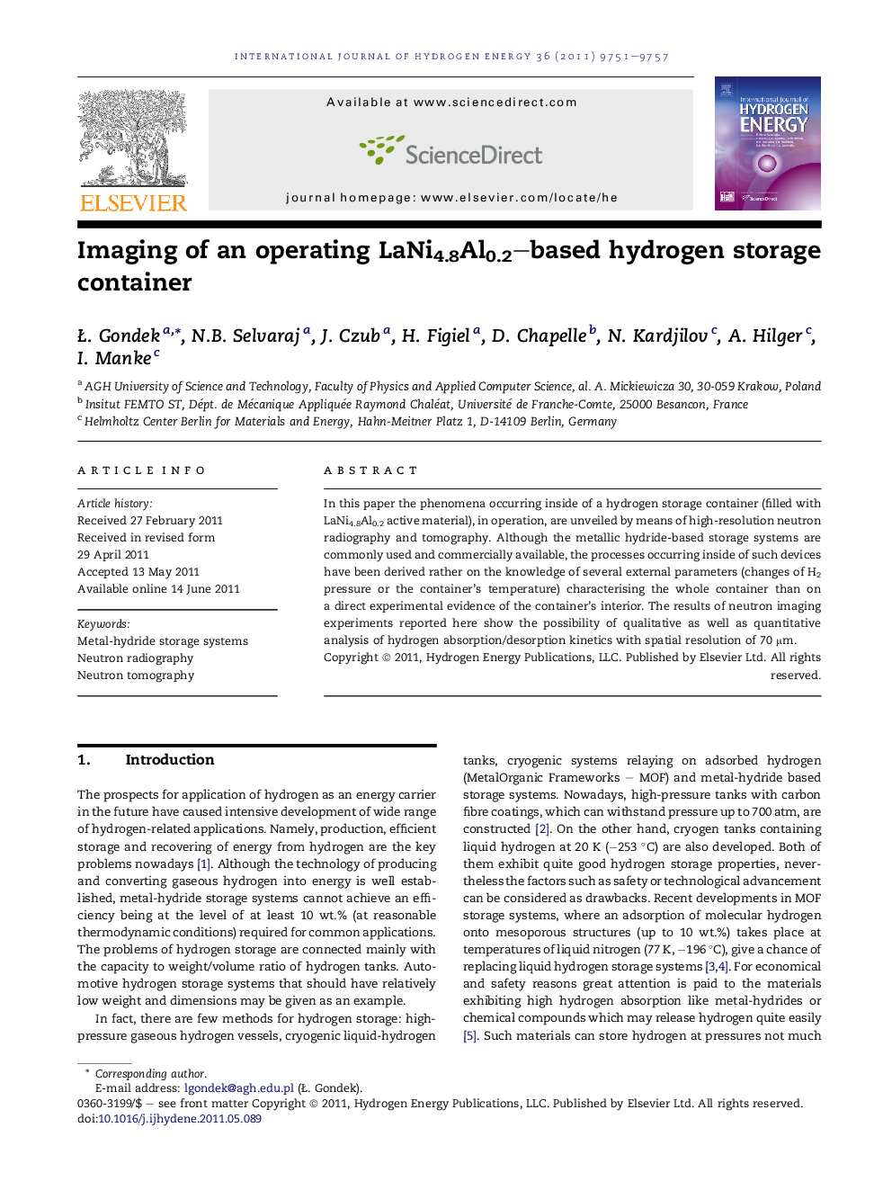 عکس صفحه اول مقاله: Imaging of an operating LaNi4.8Al0.2–based hydrogen storage container Imaging of an operating LaNi4.8Al0.2–based hydrogen storage container