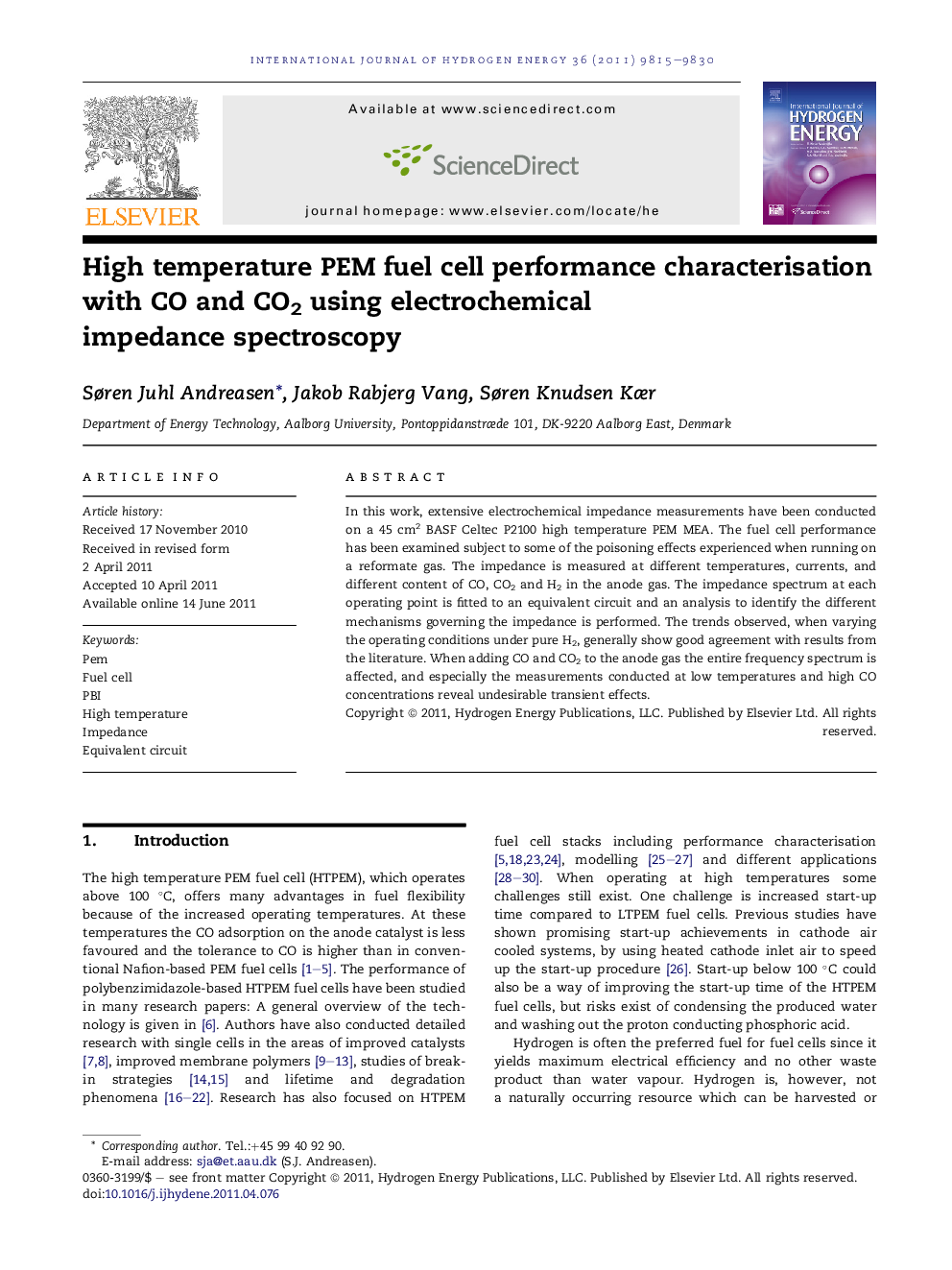 High temperature PEM fuel cell performance characterisation with CO and CO2 using electrochemical impedance spectroscopy