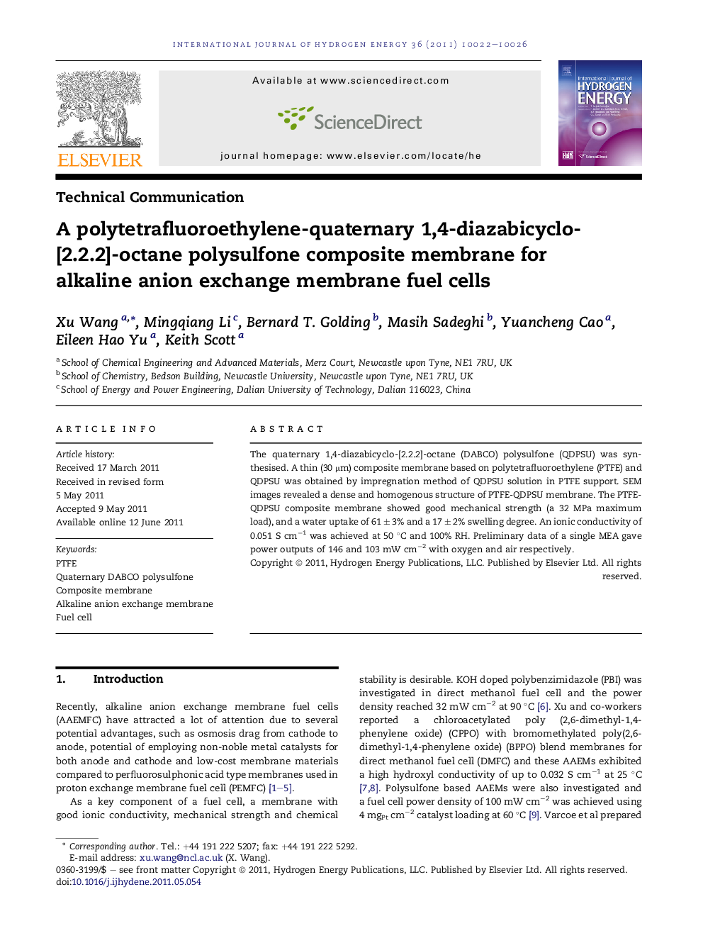 A polytetrafluoroethylene-quaternary 1,4-diazabicyclo-[2.2.2]-octane polysulfone composite membrane for alkaline anion exchange membrane fuel cells