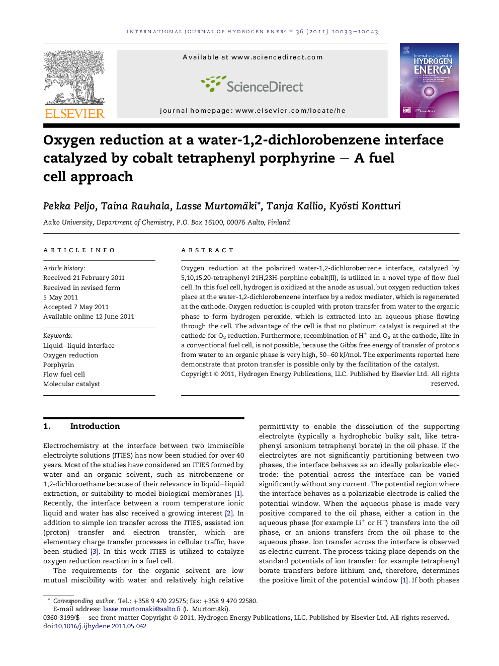 Oxygen reduction at a water-1,2-dichlorobenzene interface catalyzed by cobalt tetraphenyl porphyrine – A fuel cell approach