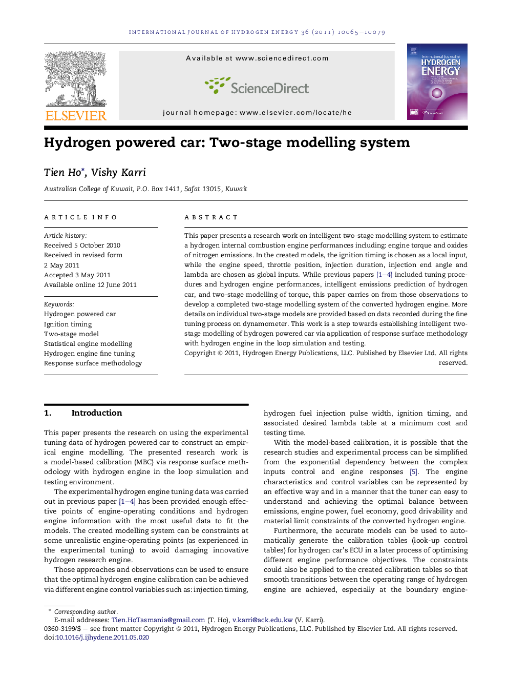 Hydrogen powered car: Two-stage modelling system