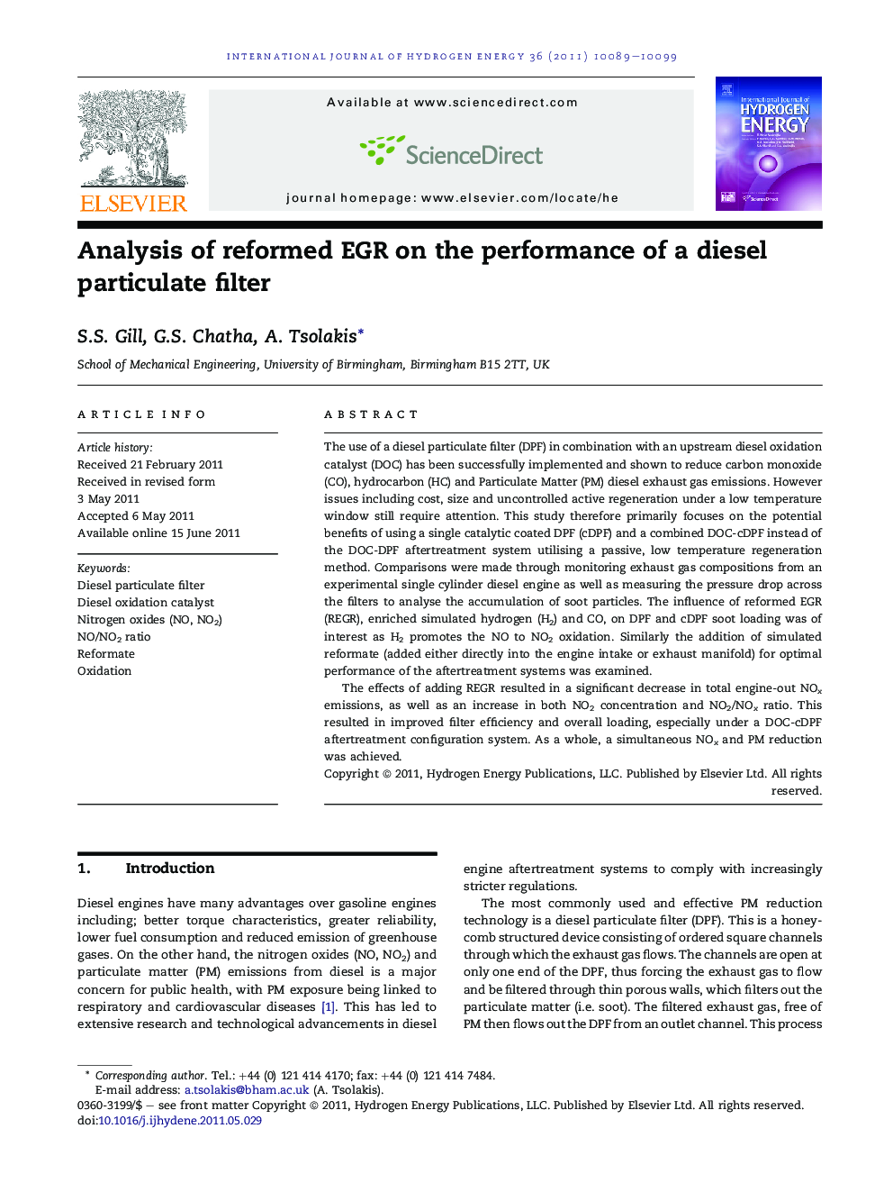 Analysis of reformed EGR on the performance of a diesel particulate filter