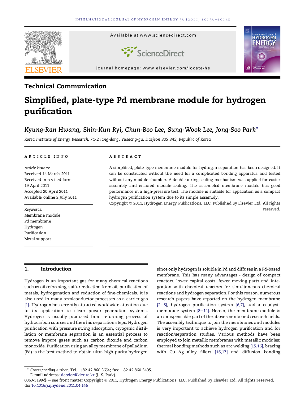 Simplified, plate-type Pd membrane module for hydrogen purification