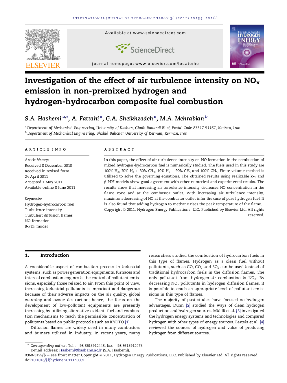 Investigation of the effect of air turbulence intensity on NOx emission in non-premixed hydrogen and hydrogen-hydrocarbon composite fuel combustion