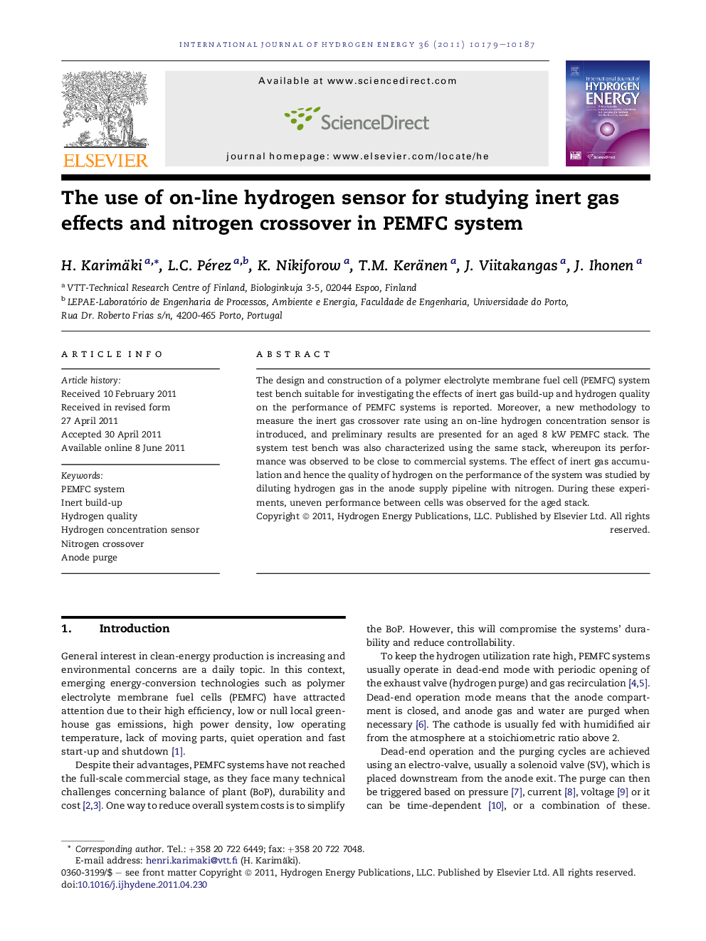 The use of on-line hydrogen sensor for studying inert gas effects and nitrogen crossover in PEMFC system