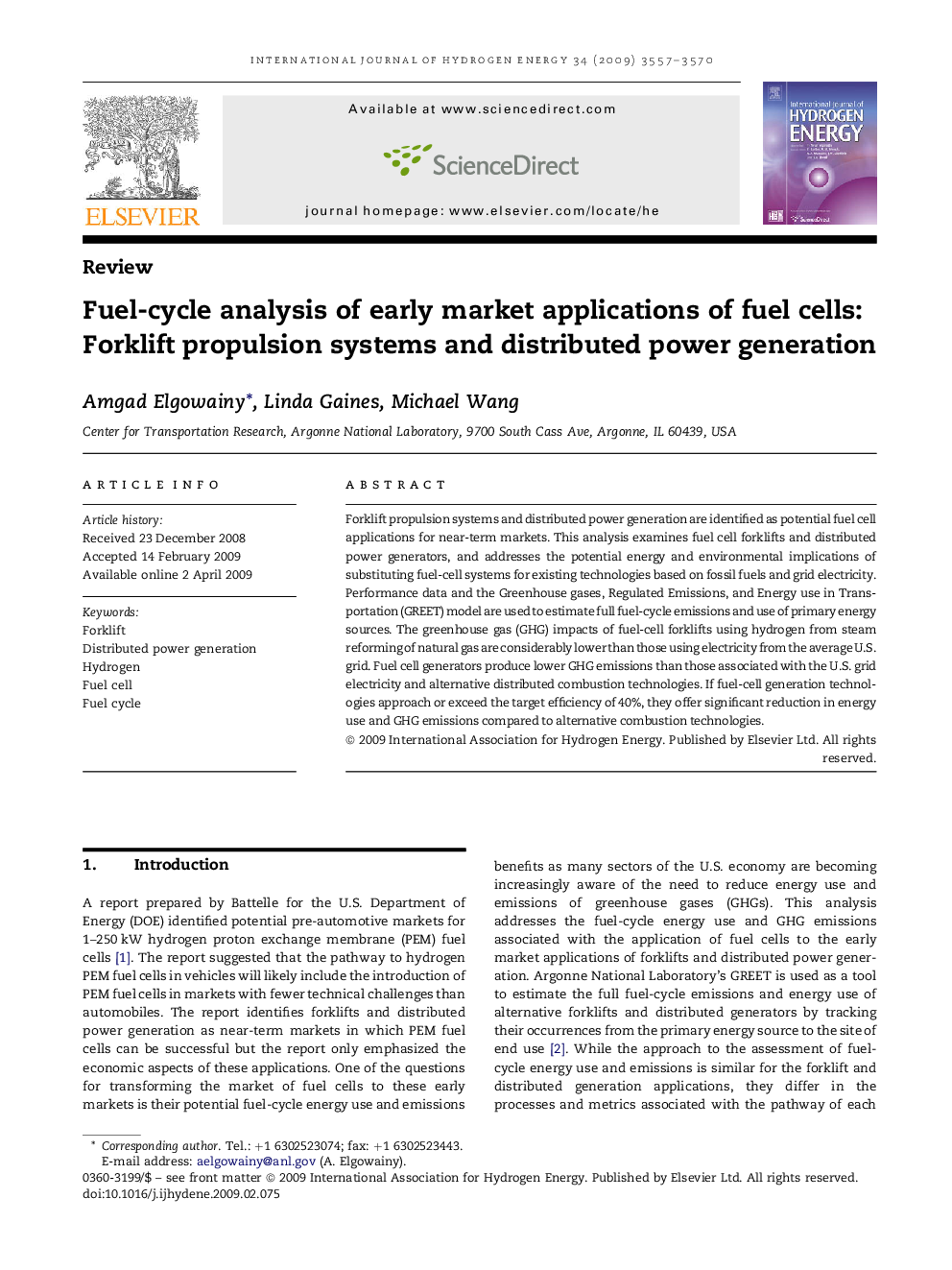 Fuel-cycle analysis of early market applications of fuel cells: Forklift propulsion systems and distributed power generation