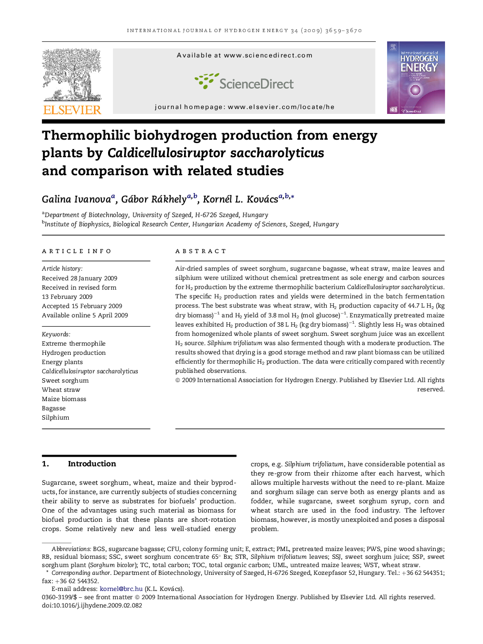 Thermophilic biohydrogen production from energy plants by Caldicellulosiruptor saccharolyticus and comparison with related studies