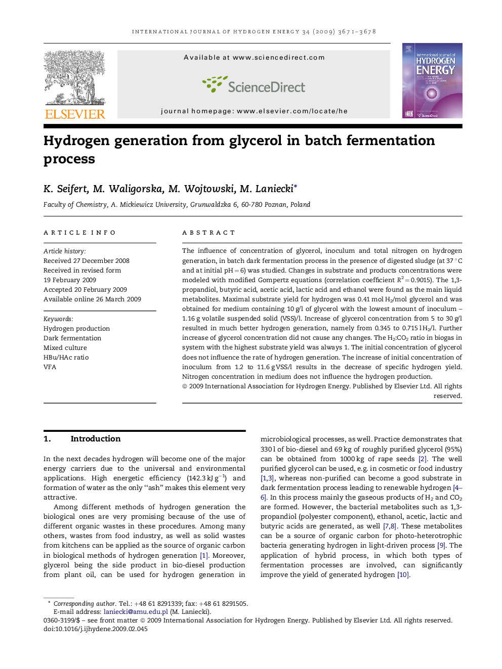 Hydrogen generation from glycerol in batch fermentation process