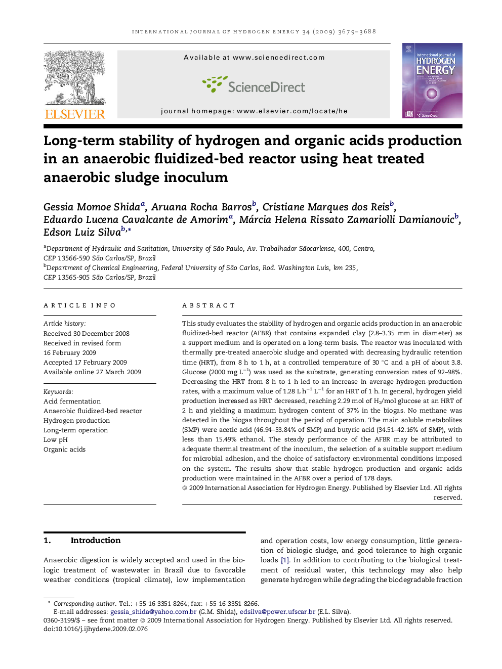 Long-term stability of hydrogen and organic acids production in an anaerobic fluidized-bed reactor using heat treated anaerobic sludge inoculum