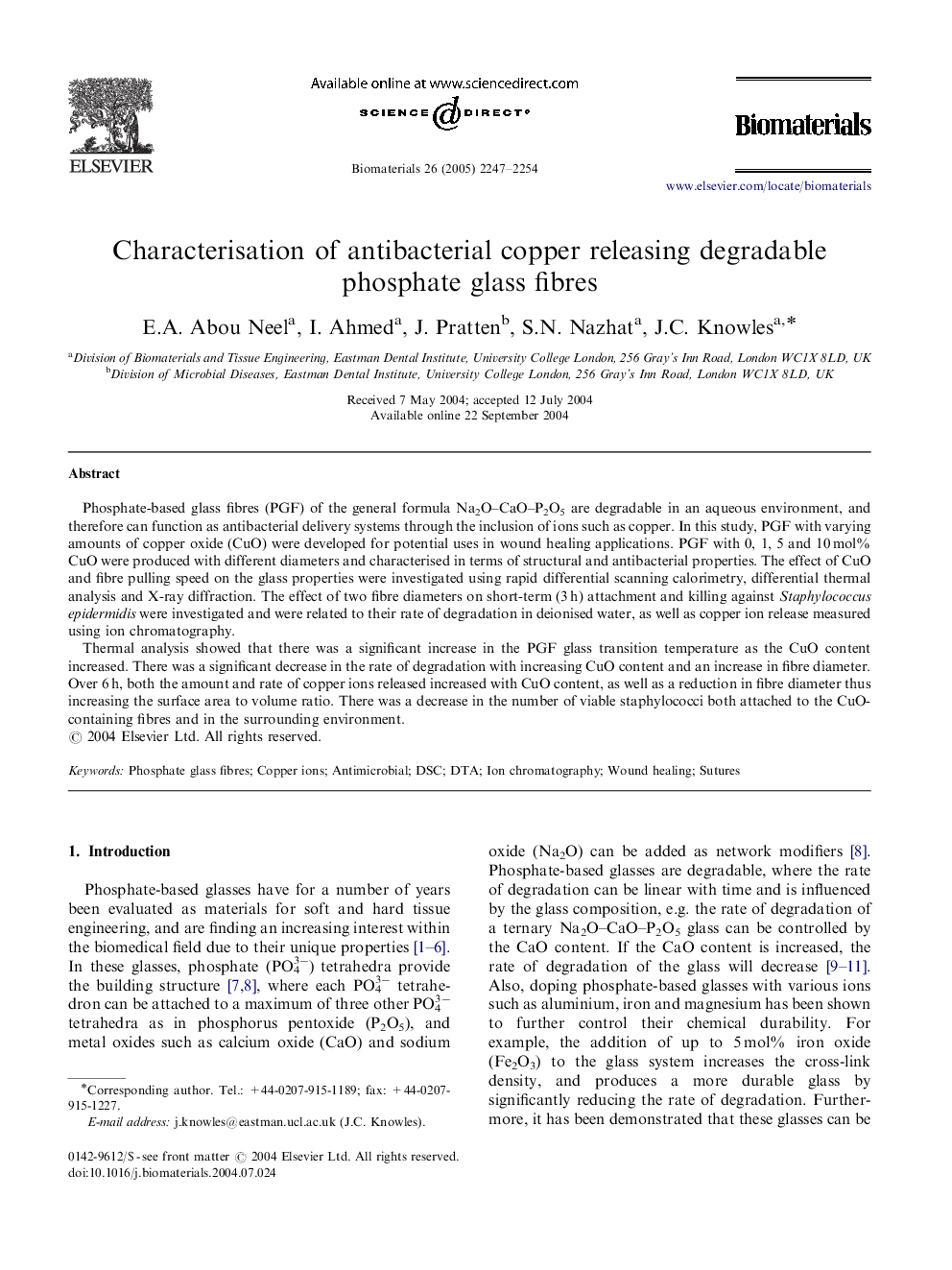 Characterisation of antibacterial copper releasing degradable phosphate glass fibres