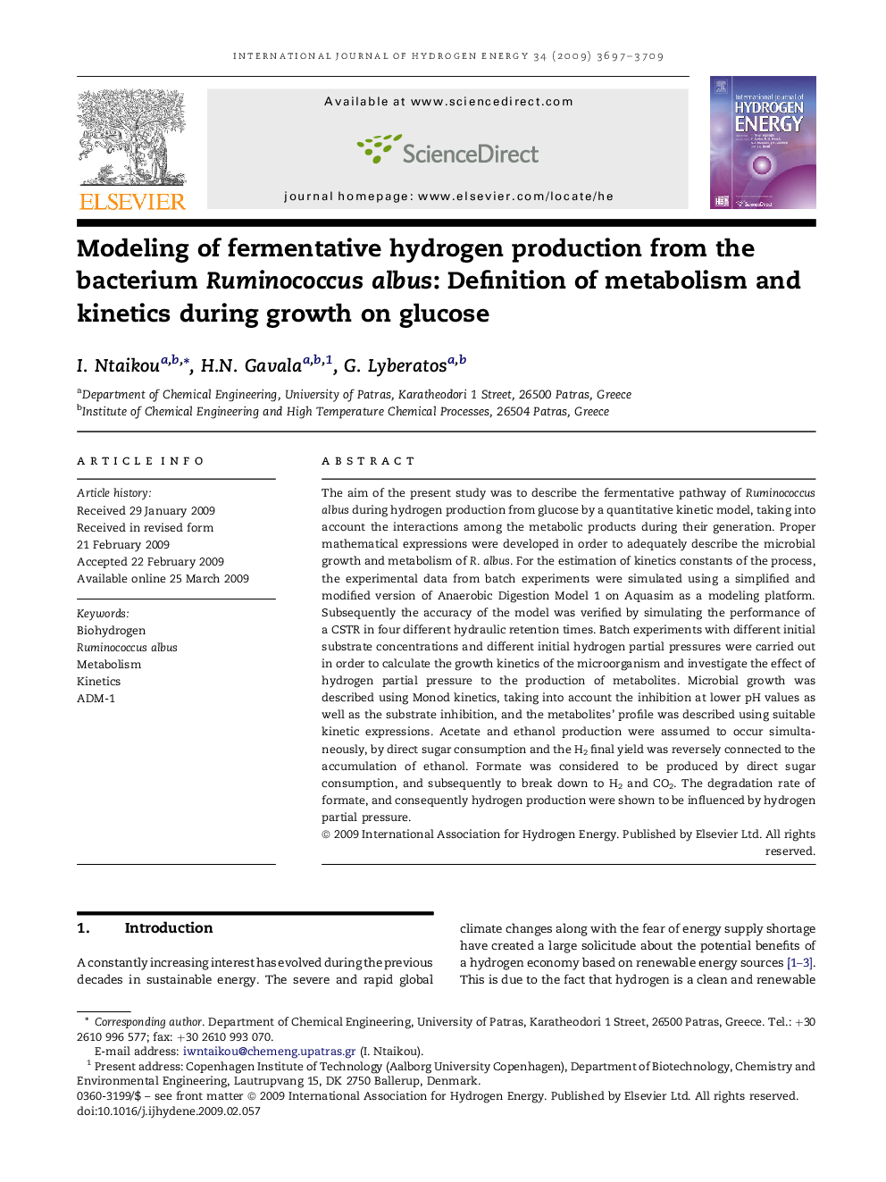 Modeling of fermentative hydrogen production from the bacterium Ruminococcus albus: Definition of metabolism and kinetics during growth on glucose