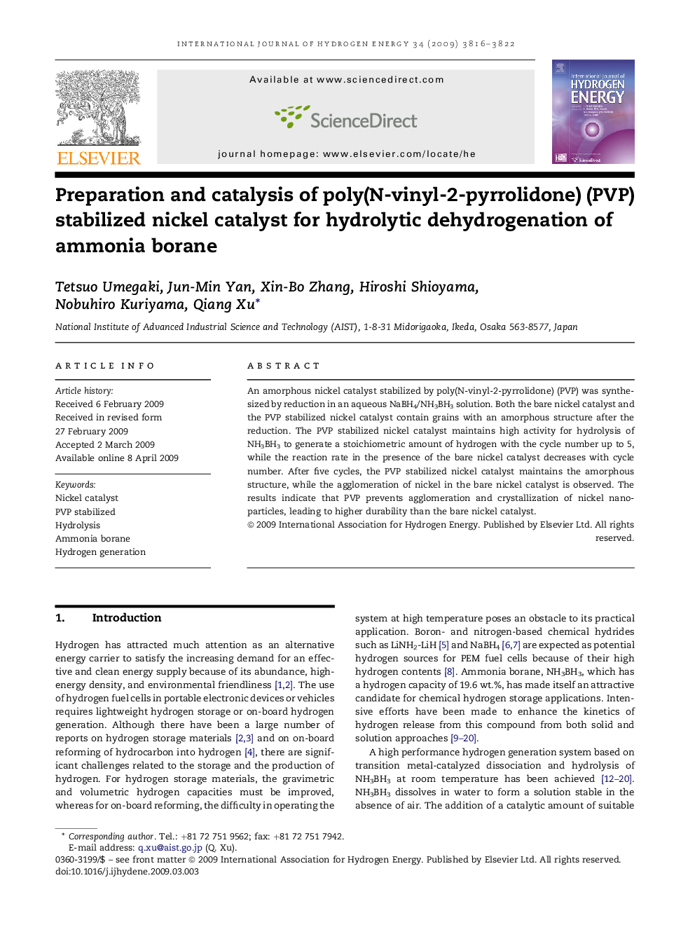 Preparation and catalysis of poly(N-vinyl-2-pyrrolidone) (PVP) stabilized nickel catalyst for hydrolytic dehydrogenation of ammonia borane