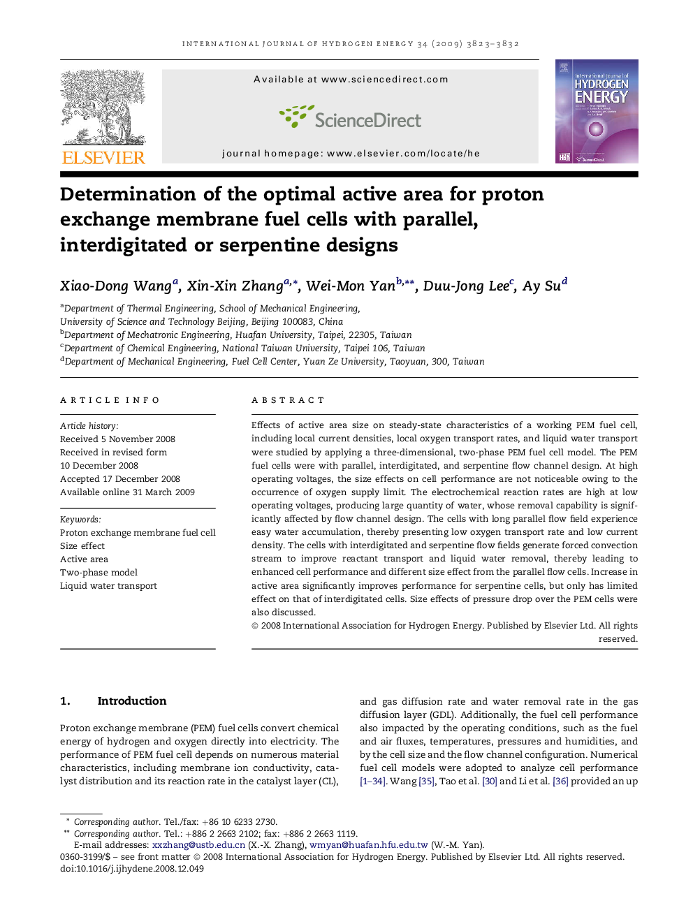 Determination of the optimal active area for proton exchange membrane fuel cells with parallel, interdigitated or serpentine designs