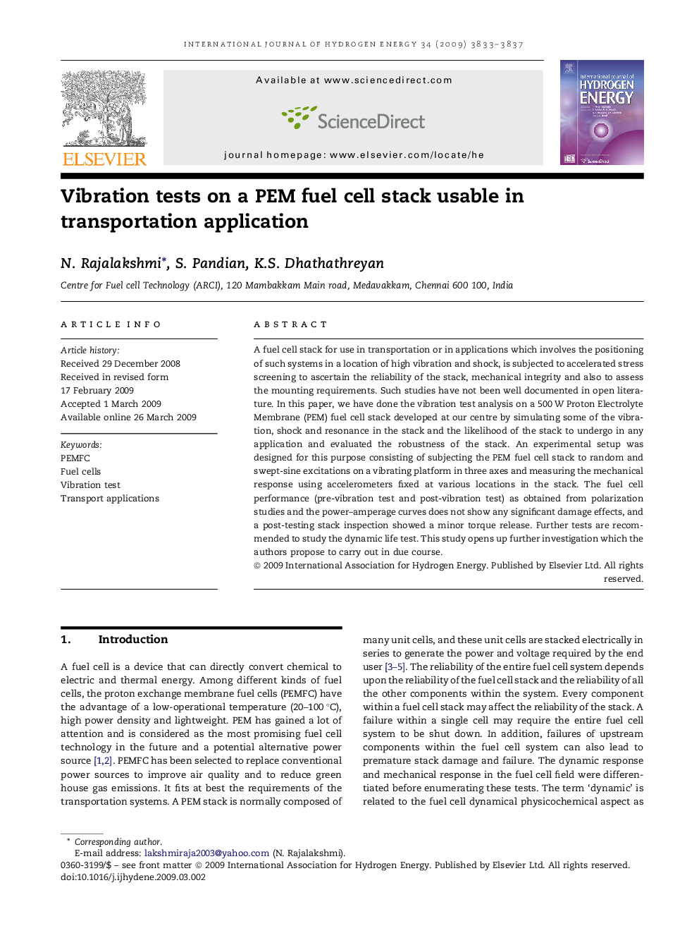 Vibration tests on a PEM fuel cell stack usable in transportation application