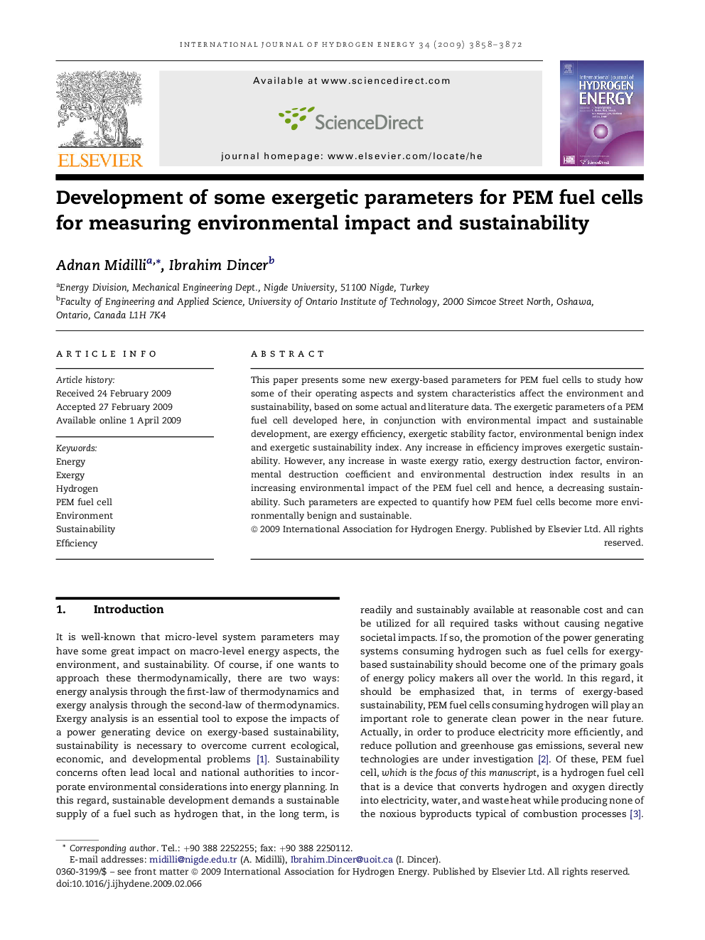 Development of some exergetic parameters for PEM fuel cells for measuring environmental impact and sustainability