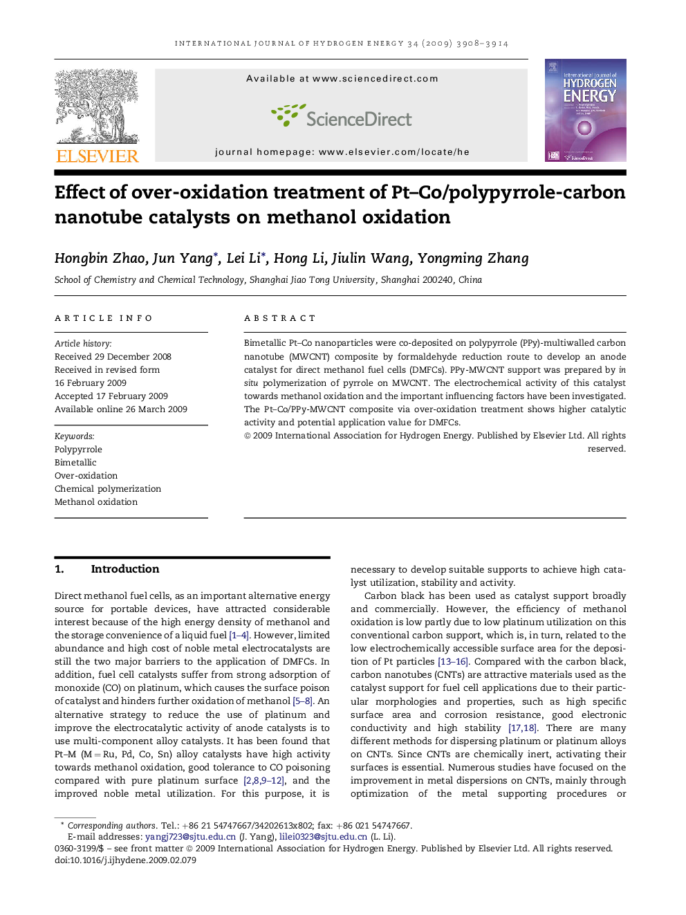 Effect of over-oxidation treatment of Pt–Co/polypyrrole-carbon nanotube catalysts on methanol oxidation