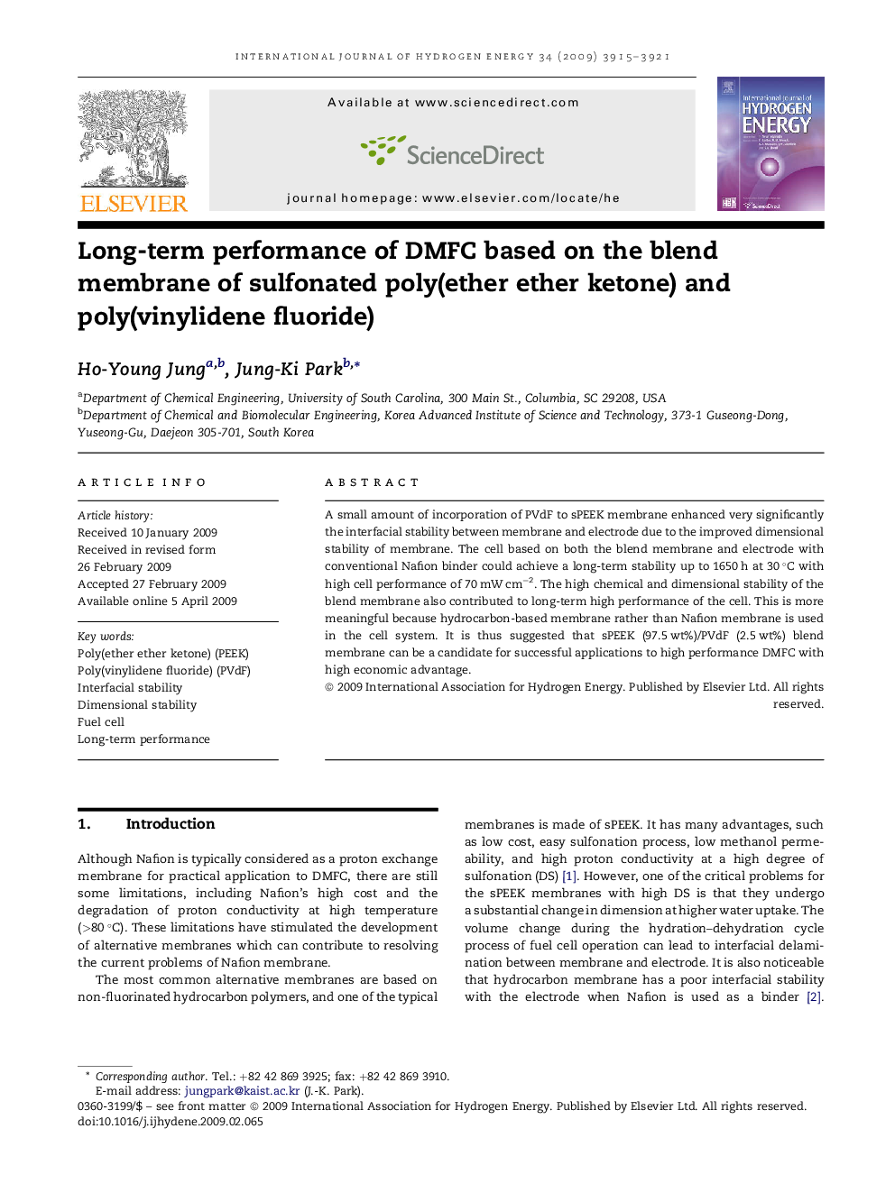 Long-term performance of DMFC based on the blend membrane of sulfonated poly(ether ether ketone) and poly(vinylidene fluoride)