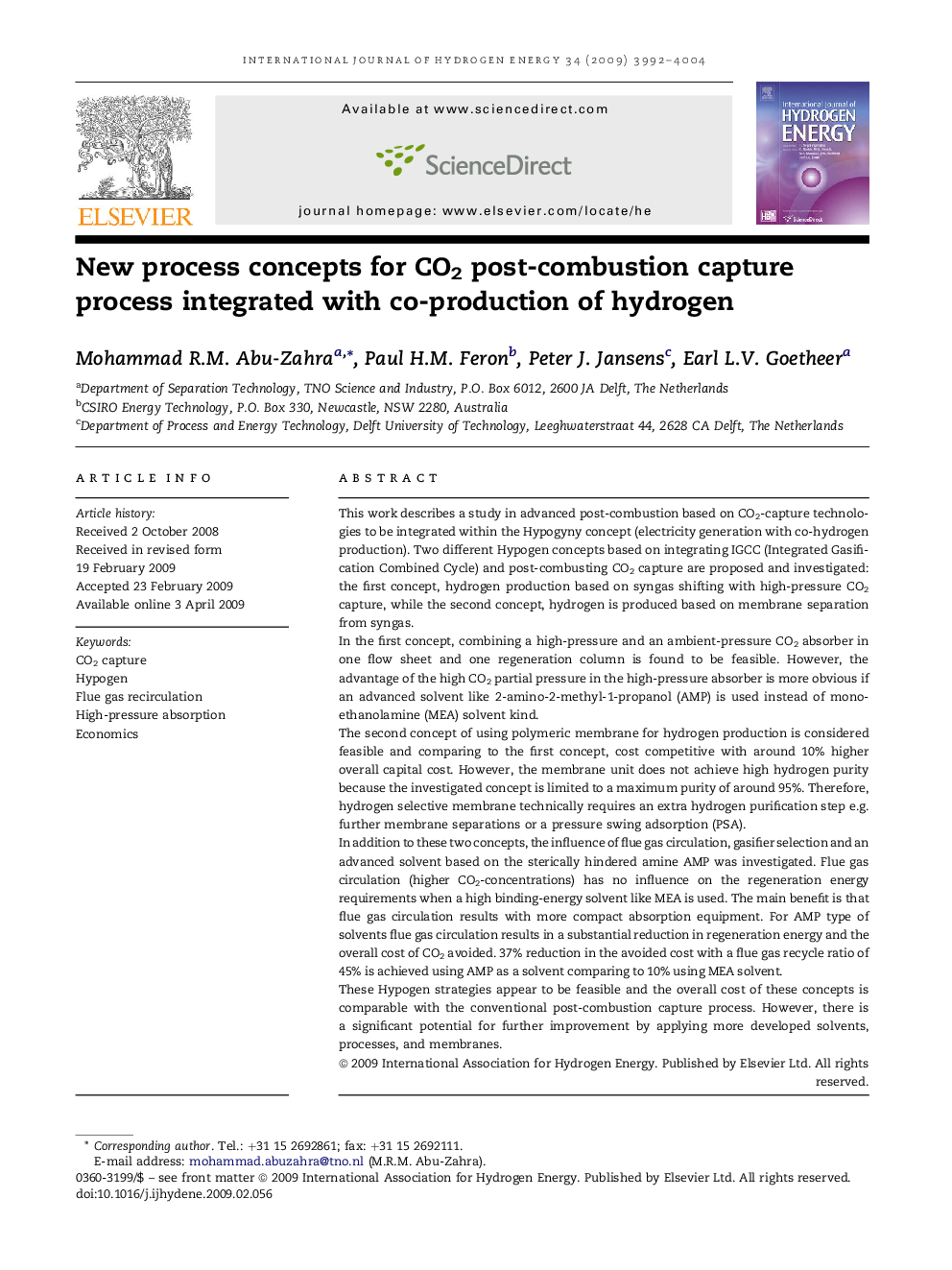 New process concepts for CO2 post-combustion capture process integrated with co-production of hydrogen