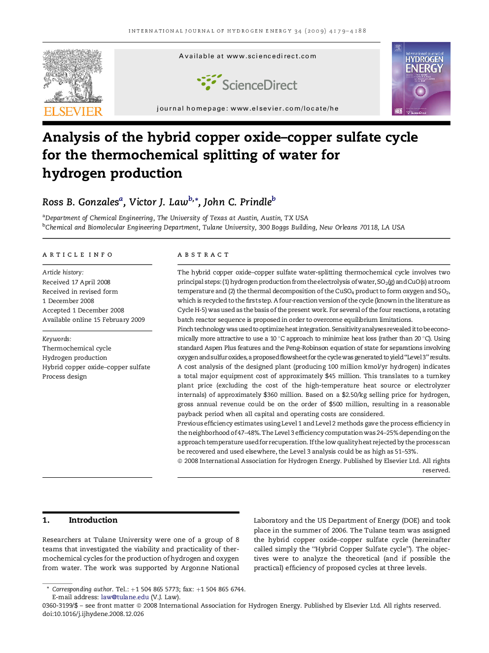 Analysis of the hybrid copper oxide–copper sulfate cycle for the thermochemical splitting of water for hydrogen production