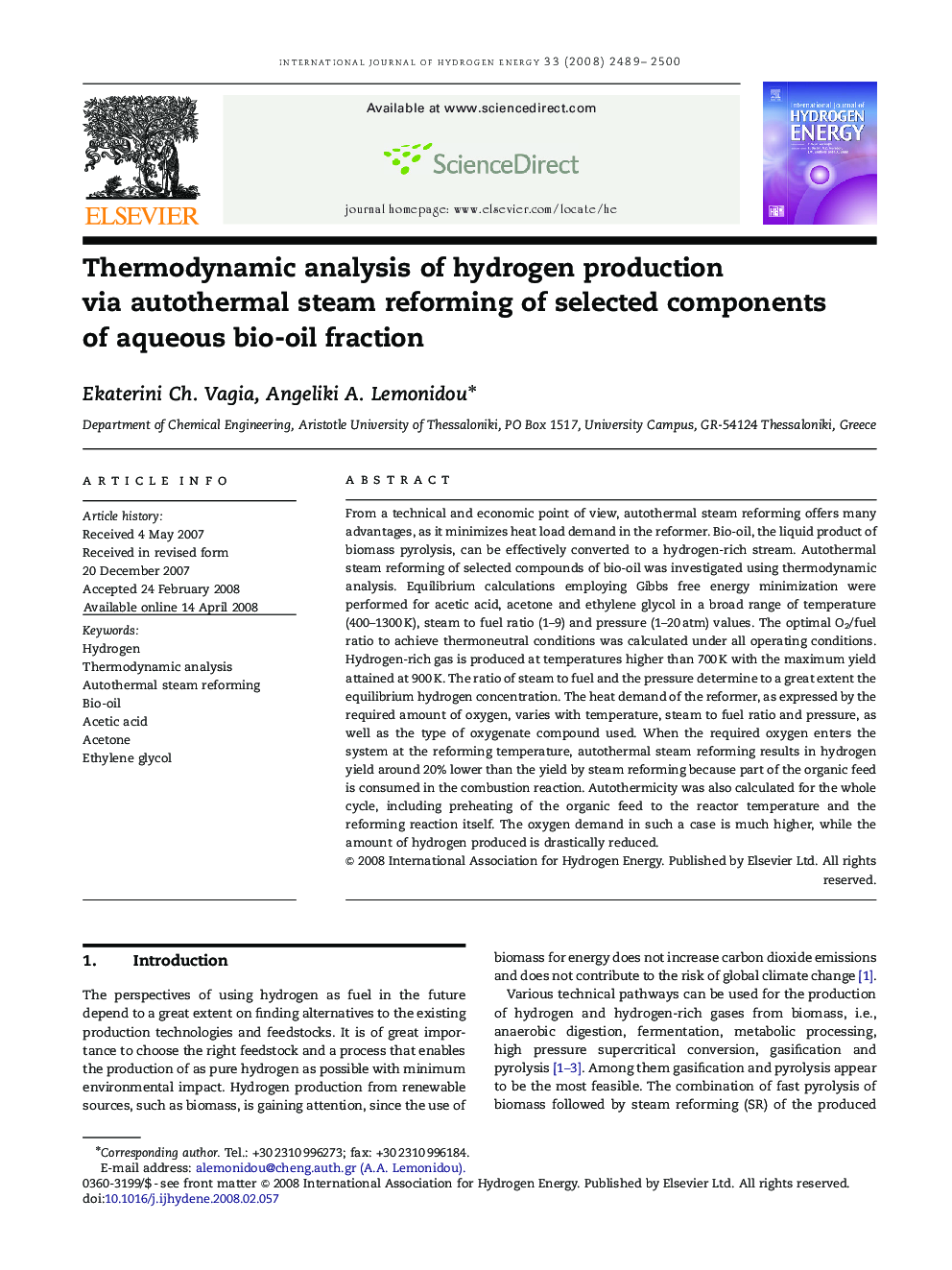 Thermodynamic analysis of hydrogen production via autothermal steam reforming of selected components of aqueous bio-oil fraction