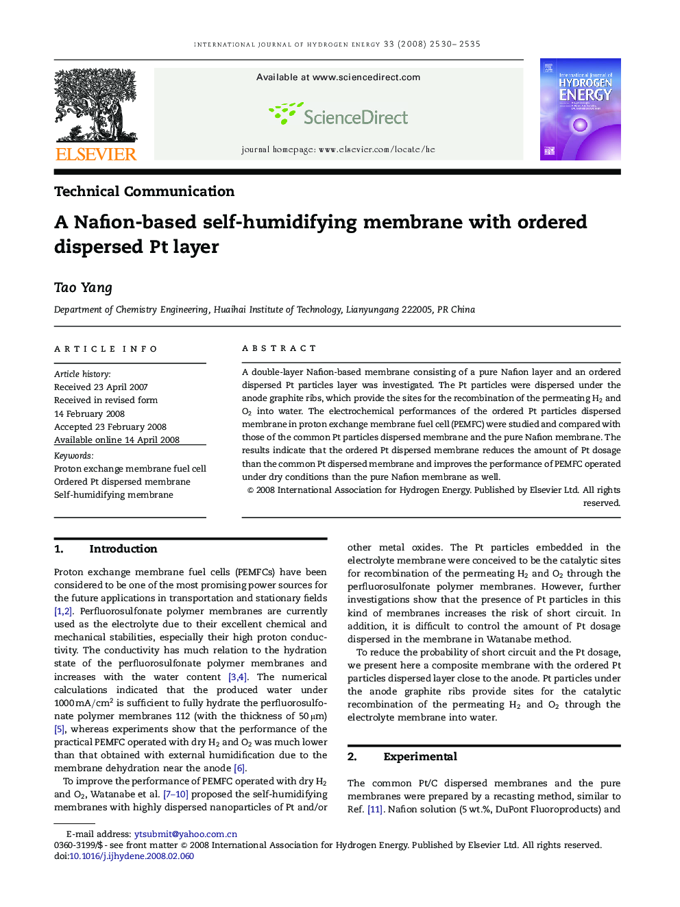 A Nafion-based self-humidifying membrane with ordered dispersed Pt layer