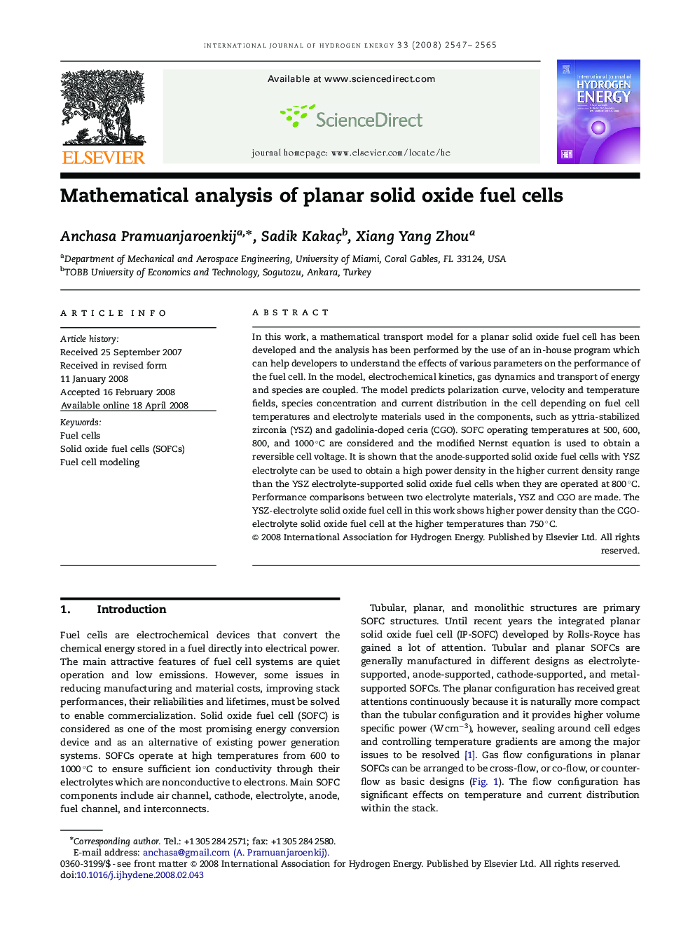 Mathematical analysis of planar solid oxide fuel cells