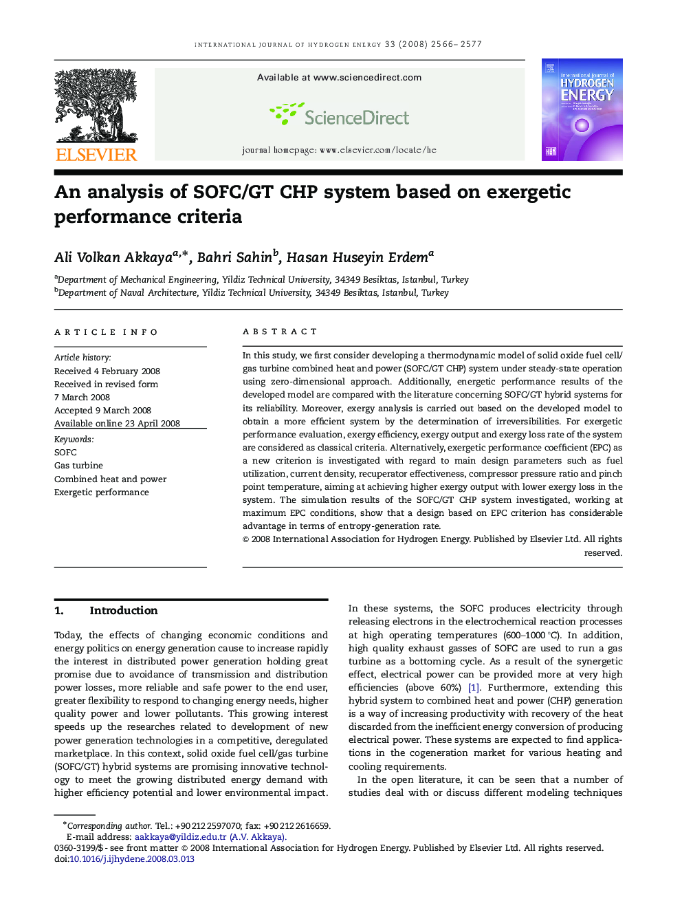 An analysis of SOFC/GT CHP system based on exergetic performance criteria