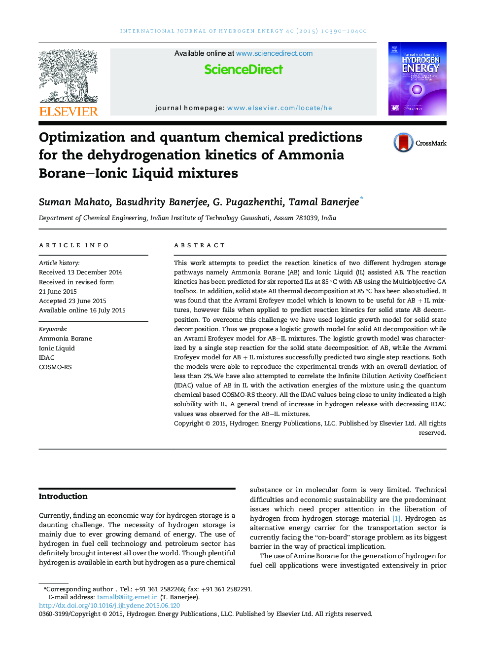 Optimization and quantum chemical predictions for the dehydrogenation kinetics of Ammonia Borane–Ionic Liquid mixtures