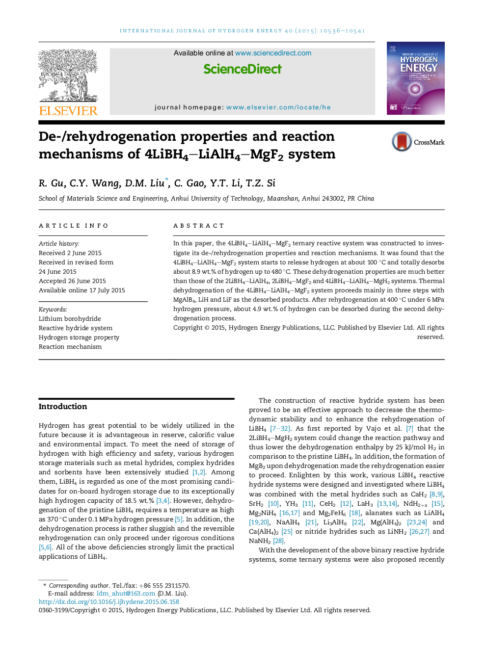 De-/rehydrogenation properties and reaction mechanisms of 4LiBH4–LiAlH4–MgF2 system