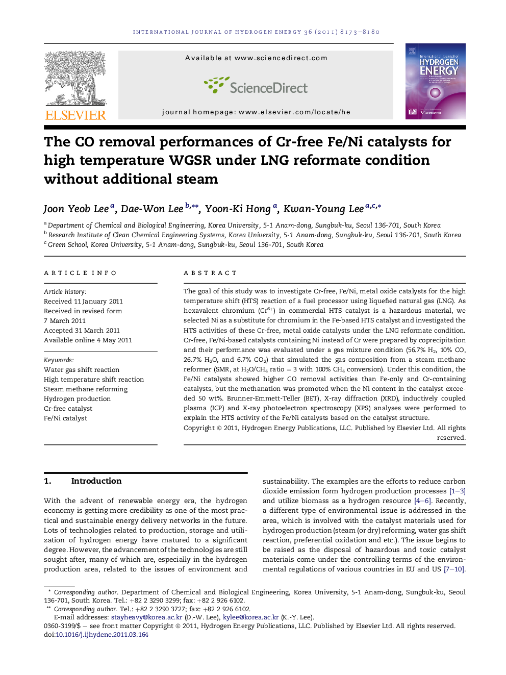 The CO removal performances of Cr-free Fe/Ni catalysts for high temperature WGSR under LNG reformate condition without additional steam