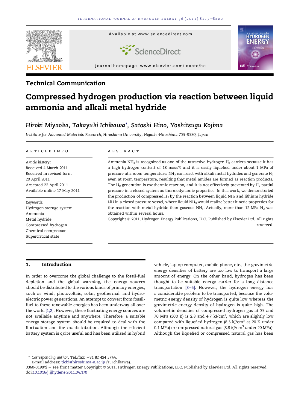 Compressed hydrogen production via reaction between liquid ammonia and alkali metal hydride