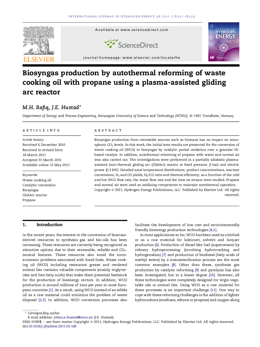 Biosyngas production by autothermal reforming of waste cooking oil with propane using a plasma-assisted gliding arc reactor