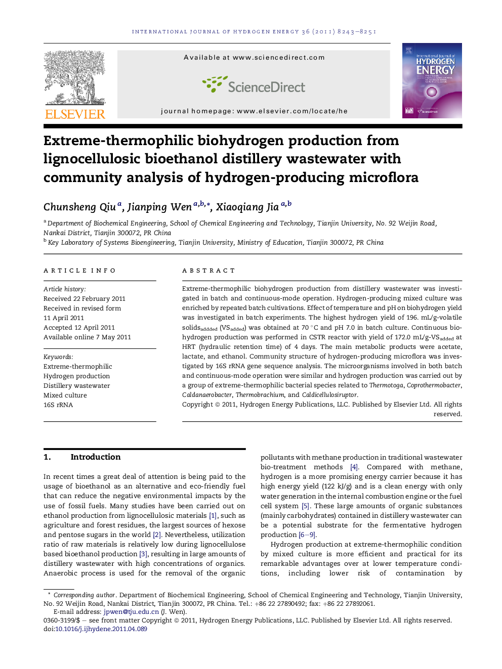 Extreme-thermophilic biohydrogen production from lignocellulosic bioethanol distillery wastewater with community analysis of hydrogen-producing microflora