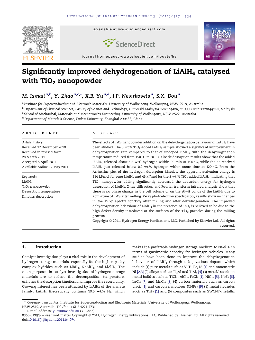 Significantly improved dehydrogenation of LiAlH4 catalysed with TiO2 nanopowder